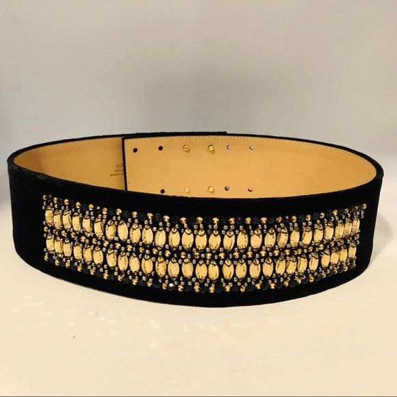 St John women’s Belt. Sz S Black Velvet with Rhinestones  2.25” wide.  34” long main image 7